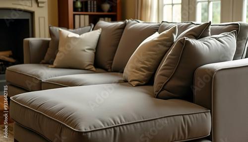 A comfortable, L-shaped couch with soft, plush cushions in a warm-toned living room with a fireplace