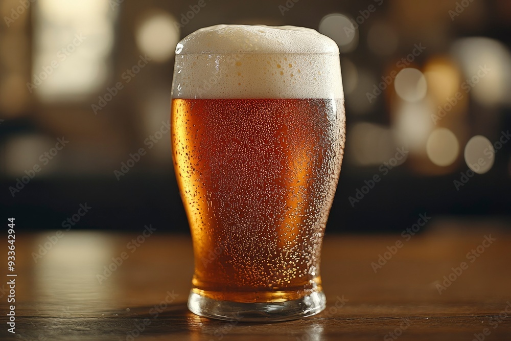 A Glass of Frothy Beer on a Wooden Countertop A Glass of Frothy Beer on a Wooden Countertop