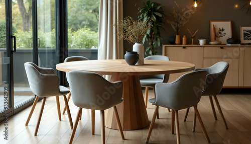 A round wooden dining table with chairs in a modern dining room with large windows