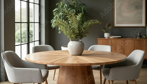 A round wooden dining table with chairs in a modern dining room with large windows