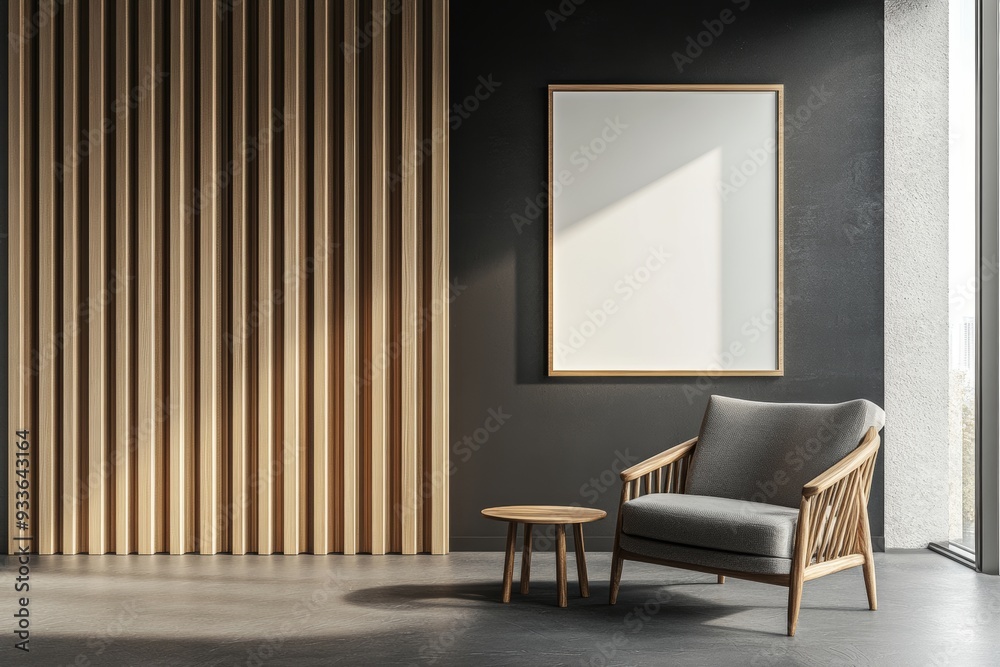A cozy relaxing room with a sideboard and a window, and a mockup frame for it A cozy relaxing room with a sideboard and a window, and a mockup frame for it