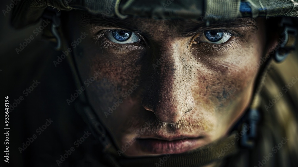 Dramatic close up portrait of soldier in helmet. Concept of a man at war Dramatic close up portrait of soldier in helmet. Concept of a man at war