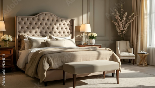 A king-size bed with a plush velvet headboard and matching bedding in a spacious, sunlit bedroom