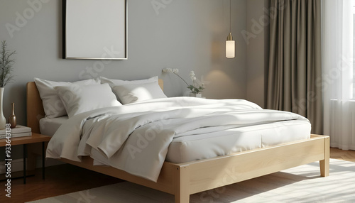 A simple wooden bed frame with crisp white linens and a minimalist bedside table in a modern bedroom