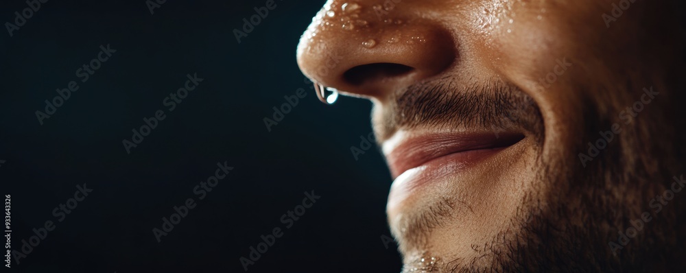 A close-up of a smiling face with sweat droplets, capturing a moment of exertion, satisfaction, or relief after physical activity. A close-up of a smiling face with sweat droplets, capturing a moment of exertion, satisfaction, or relief after physical activity.