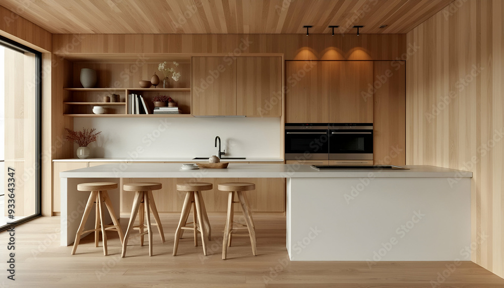 A minimalist wooden kitchen with clean lines, white countertops, and natural wood accents A minimalist wooden kitchen with clean lines, white countertops, and natural wood accents