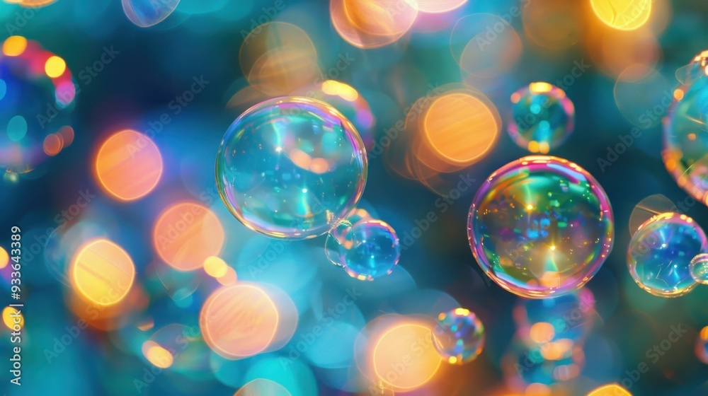 Dreamy Abstract background from soap bubble in the air with nature defocused, wallpaper background with flying bubbles on a colorful background,