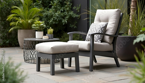 A comfortable, weather-resistant outdoor chair with a cushion in a stylish patio setting with plants and greenery