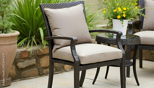 A comfortable, weather-resistant outdoor chair with a cushion in a stylish patio setting with plants and greenery