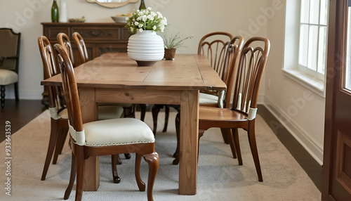 A vintage wooden dining chair with a padded seat and curved backrest in a rustic dining room
