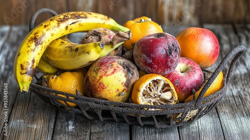 Abasket of rotting fruit featuring overripe apples, bananas, and oranges decomposing on a wooden surface under natural, earthy lighting. Perfect for themes of decay and nature.