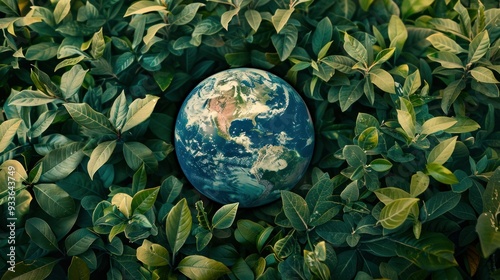 Fototapeta Naklejka Na Ścianę i Meble -  earth globe surrounded by green foliage with copy space, symbol of environmental protection and care of a fragile planet - Earth Day concept