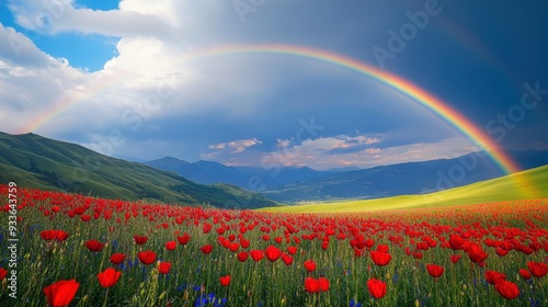 Vibrant Rainbow Over Blossoming Field: Nature's Beauty After Rainstorm