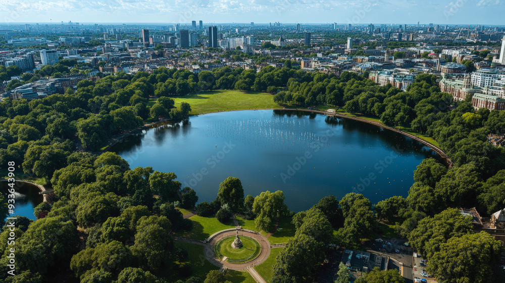 Fototapeta premium Aerial view of a large, circular pond surrounded by trees within a park, with an expansive cityscape in the background under a blue sky.