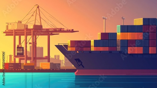 Export containers being loaded onto a ship flat design side view maritime theme cartoon drawing Split-complementary color scheme