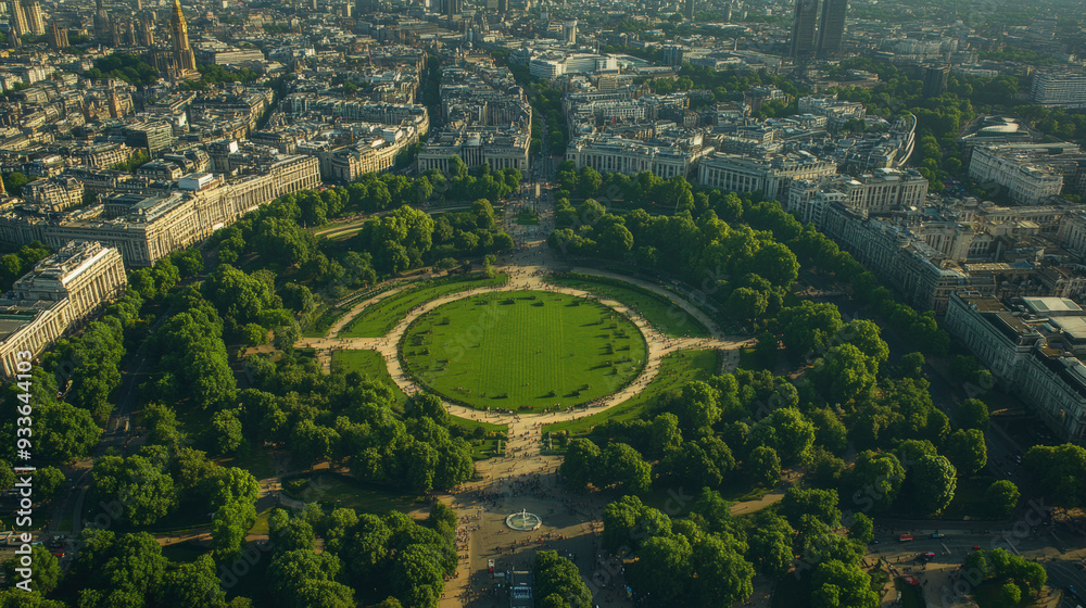 Obraz premium Aerial view of a large, circular park surrounded by dense urban buildings and lush green trees in a city.