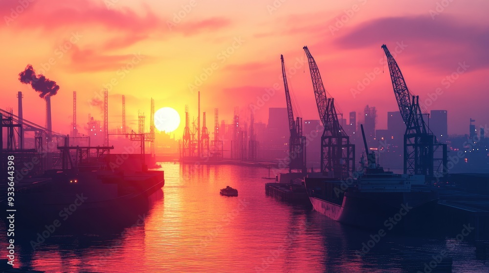 Obraz premium Industrial shipyard at dawn, workers preparing cargo, 3D illustration