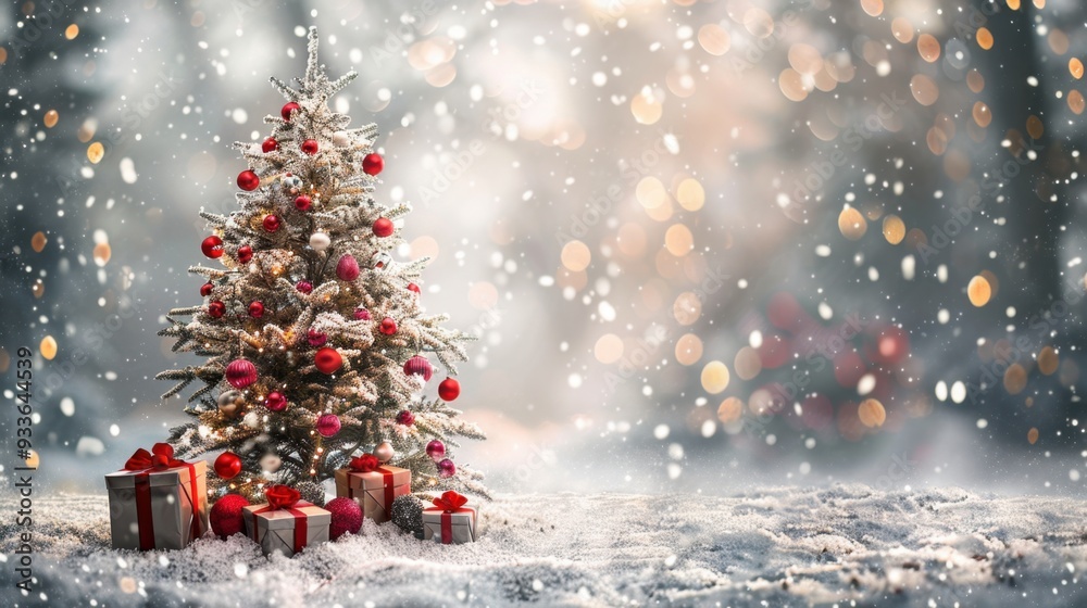 This serene winter scene features a beautifully decorated Christmas tree adorned with red and silver ornaments, standing tall in a panoramic snowy background, perfect for festive greetings.
This serene winter scene features a beautifully decorated Christmas tree adorned with red and silver ornaments, standing tall in a panoramic snowy background, perfect for festive greetings.