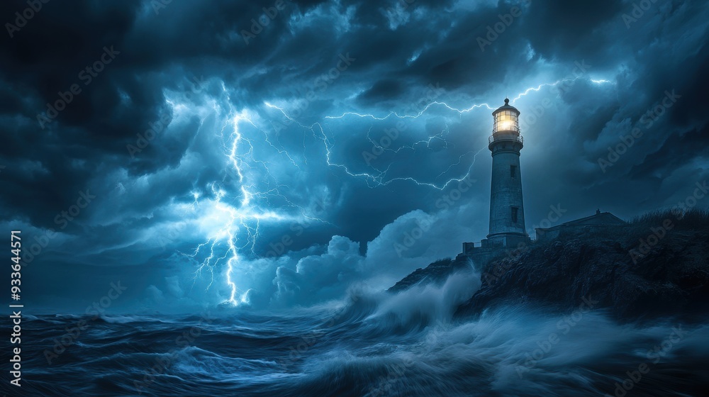 Dramatic Scene of Storm Clouds and Lightning Bolts by Lighthouse
