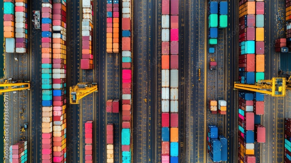 Rows of cargo containers at a busy port flat design top view shipping theme water color vivid Rows of cargo containers at a busy port flat design top view shipping theme water color vivid