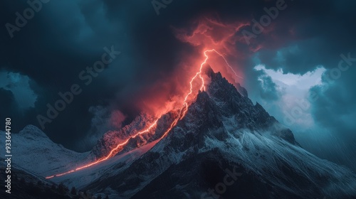 Majestic Lightning Strike over Mountain Peak in Stormy Weather