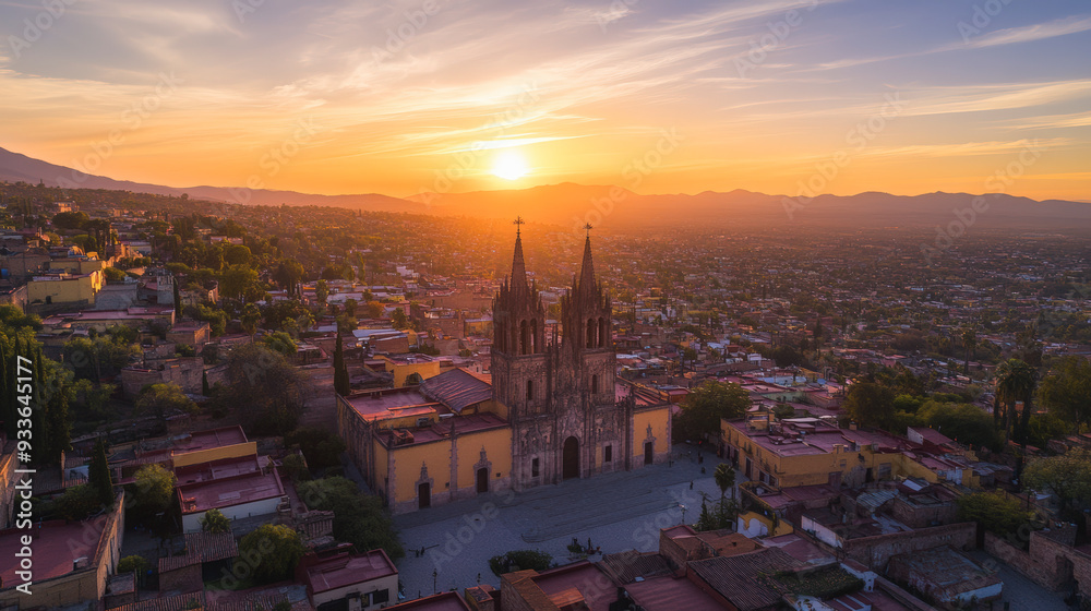 Obraz premium A stunning aerial view of a historic cathedral at sunset, surrounded by a charming town and distant mountains, painted with warm, golden hues.
