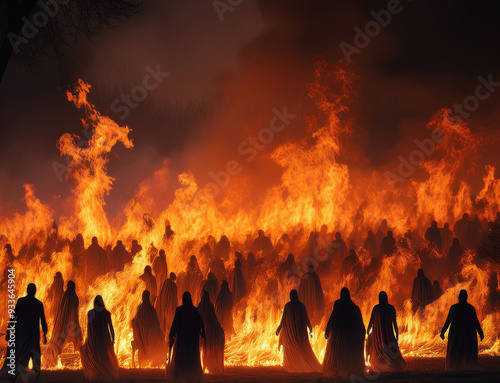 The silhouettes of the spirits of sinners in the flames of hell. Hell fire