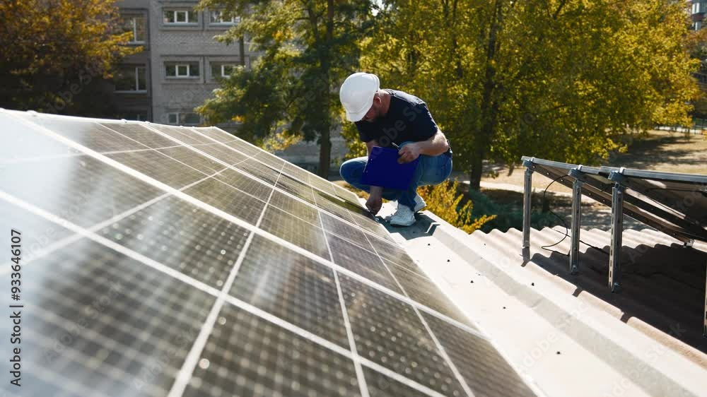 Professional engineers inspect solar panel installation on a rooftop under sunlight. Detailed check of the solar system setup for efficiency and quality.