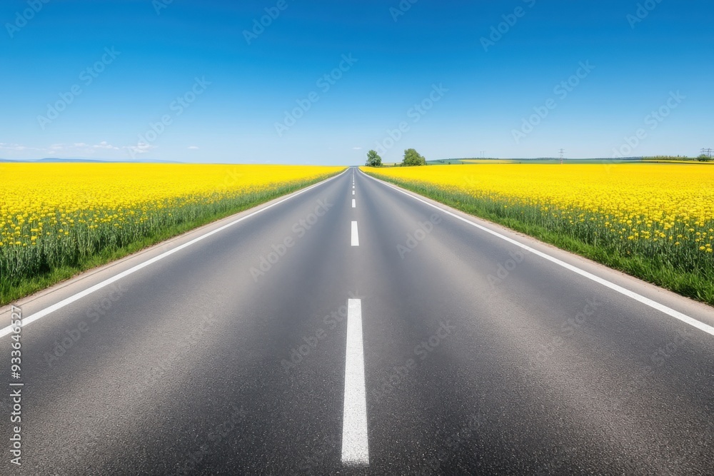 A long, straight highway through vibrant yellow flower fields under a clear blue sky. A long, straight highway through vibrant yellow flower fields under a clear blue sky.