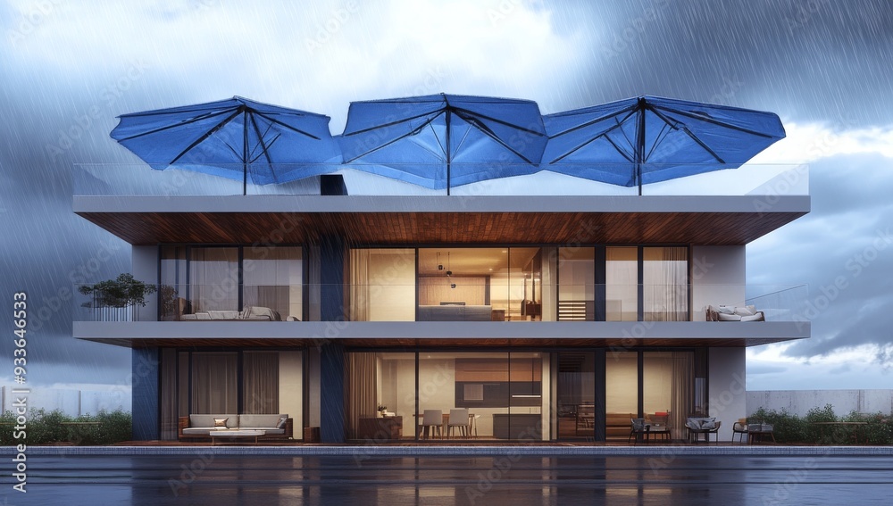 Blue umbrella protecting a house from rain. Flood on the streets. Concept for home insurance. Blue umbrella protecting a house from rain. Flood on the streets. Concept for home insurance.