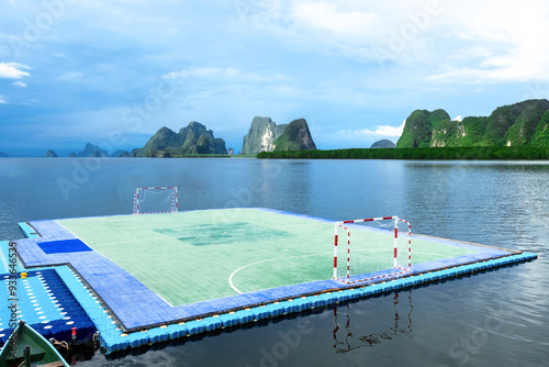 floating football field or soccer pitch on the sea.