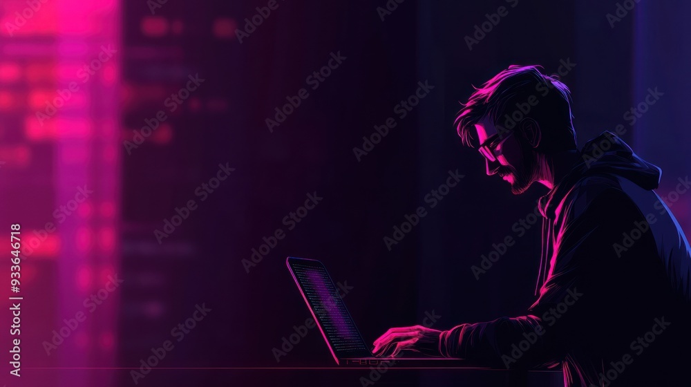 Man in Neon Light Working on Laptop Man in Neon Light Working on Laptop