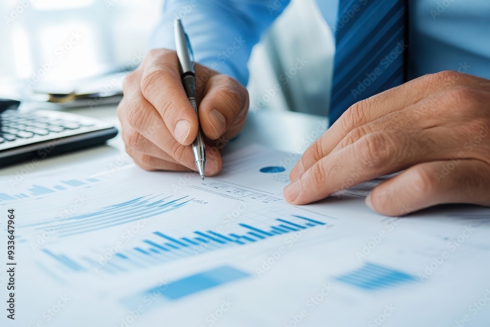 A businessman analyzes financial data, taking notes with a pen while studying graphs and charts on a desk. A businessman analyzes financial data, taking notes with a pen while studying graphs and charts on a desk.