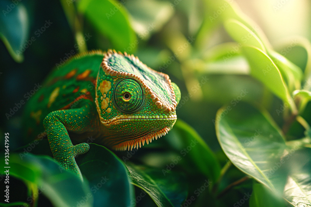 Fototapeta premium Green Chameleon Close Up in Lush Foliage