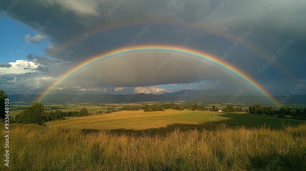 After the Rain: Captivating Rainbow Over Lush Rural Landscape After the Rain: Captivating Rainbow Over Lush Rural Landscape