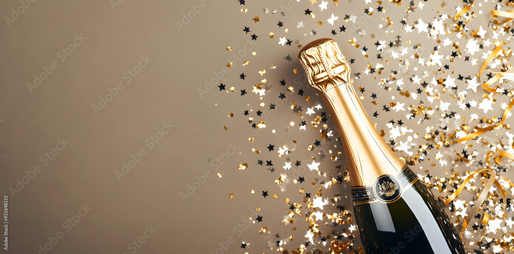 Fototapeta premium Top view Golden champagne bottle, confetti stars and party streamers celebration background