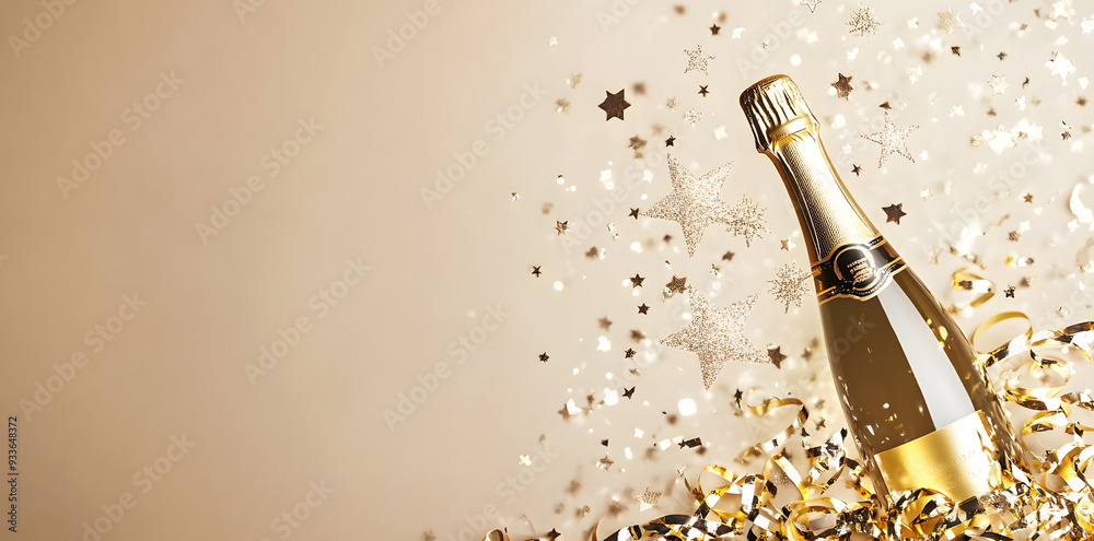 Fototapeta premium Top view Golden champagne bottle, confetti stars and party streamers celebration background