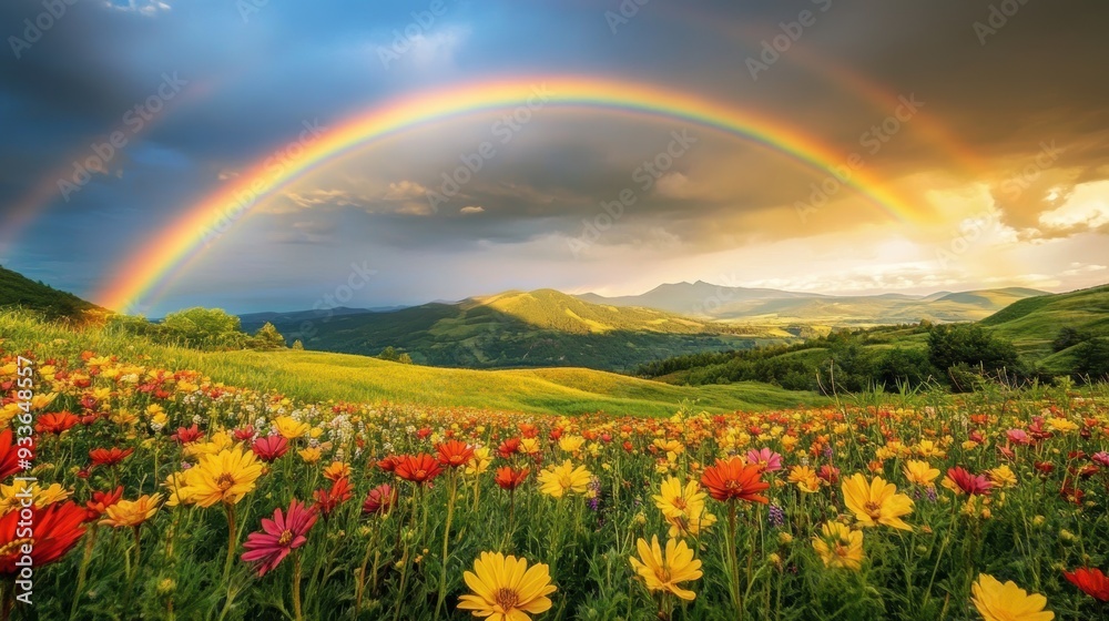 Nature's Beauty Unveiled: Vibrant Rainbow Over Blossoming Field Post-Thunderstorm Nature's Beauty Unveiled: Vibrant Rainbow Over Blossoming Field Post-Thunderstorm