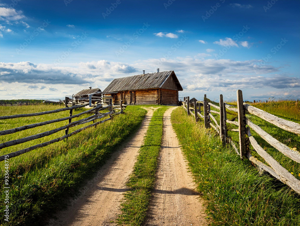 Landscape with an old isolated wooden cabin on a field with green grass