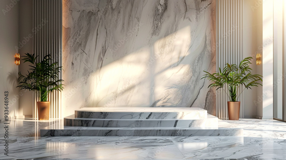 Modern marble interior design with natural light and decorative plants in a spacious room Modern marble interior design with natural light and decorative plants in a spacious room