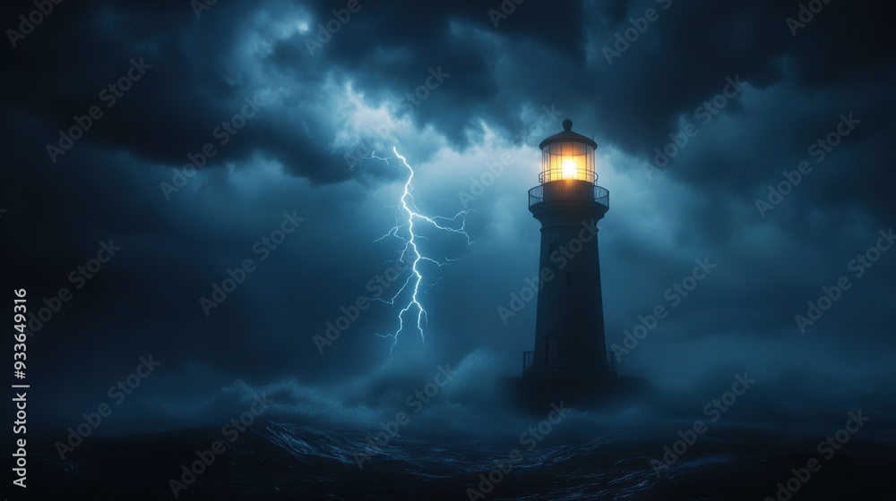 Dramatic Scene of Lightning Striking Near Lighthouse in Intense Storm Dramatic Scene of Lightning Striking Near Lighthouse in Intense Storm