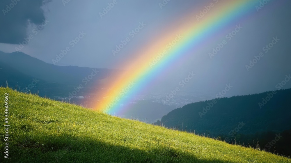 Serene Rainbow Arching Over Lush Meadow After Rain Shower