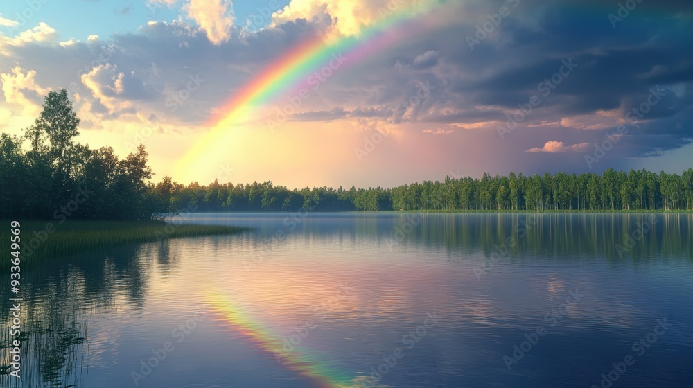 Serene Lake Landscape with Vibrant Rainbow in the Sky