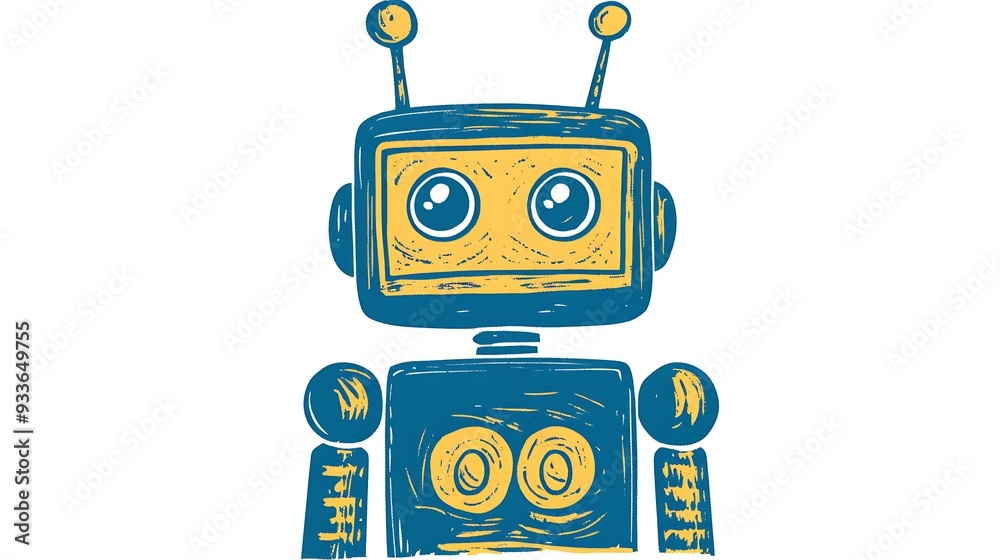Fototapeta premium Whimsical Woodcut of Friendly Robot with Expressive Eyes | Adorable Character Design on White Background