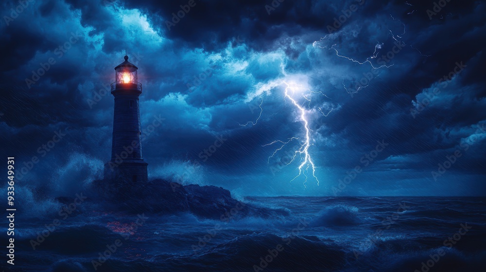 Fototapeta premium Dramatic Lightning Strike Near Lighthouse in Stormy Weather