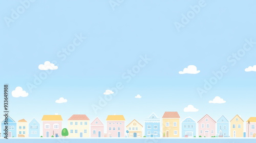 Colorful pastel houses line a quaint neighborhood street, set against a clear blue sky decorated with fluffy white clouds.
