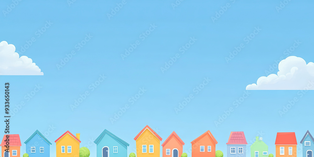 Fototapeta premium Colorful houses are lined up under a clear blue sky with a few clouds. The scene is cheerful and inviting.