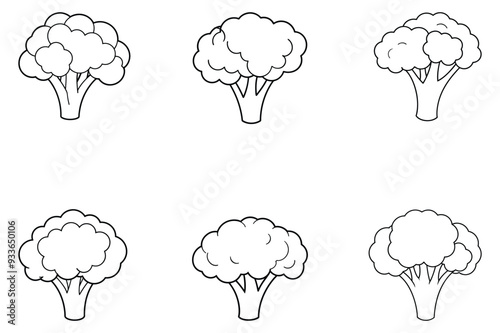 A collection of broccoli hand drawn vector illustration icons set against a white background for design and web.