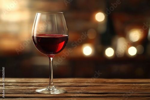 Single Glass of Red Wine on a Wooden Table with Bokeh Background