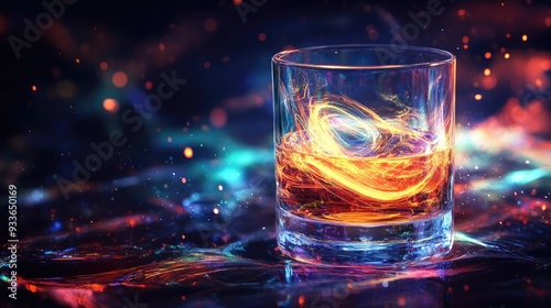 A glowing glass of knowledge with swirling neon lights, against a dark abstract backdrop, radiating wisdom and mystery